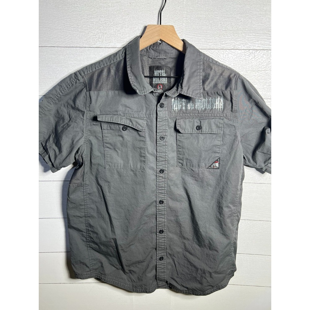 Metal Mulisha Shirt Mens Large Gray Short Sleeve Button Up Moto Y2K Mesh Vent